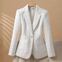 Nouvelle Collection Printemps-Automne – Blazer Élégant en Tweed Blanc à Carreaux pour Femme, Coupe Slim, Simple Boutonnage, Idéal pour le Business Casual