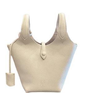 Sac seau décontracté en cuir véritable style célébrité, avec poignée et bandoulière, en raphia, fermeture magnétique douce, couleur macaron, passe-partout - Product Image 1