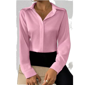 Women's Loose Fit Vintage Spring Casual Eco-Friendly Satin Polyester Long Sleeve Shirt <b>Blouse</b> & Collection with Front Logo - Product Image 1