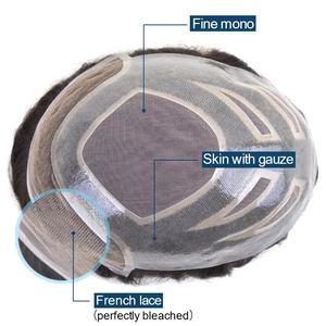 Prothèse capillaire HS27P durable en dentelle naturelle fine avec base en mono et gaze de peau, en cheveux humains, pour systèmes capillaires masculins - Product Image 2