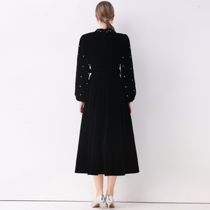 Mùa thu mùa Đông thanh lịch của phụ nữ Midi nhung ăn mặc trong màu đen với mô hình rắn thắt lưng tự nhiên nút & sashes - Product Image 4