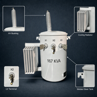 Transformateur immergé dans l'huile monophasé monté sur poteau 25 50 75 100 167 kVA 13800 V 19920 V 120/240 V ANSI 60 Hz Refroidissement ONAN