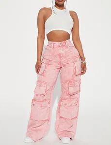 Pantalones de mezclilla de cintura alta para mujer, Jeans femeninos de mezclilla de ajuste holgado, color rosa, con Logo personalizado OEM, bolsillos múltiples de carga