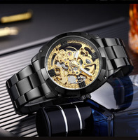 Montre-bracelet de luxe automatique mécanique pour homme, boîtier coussin, chiffres romains, cadran ajouré filigrané, bracelet