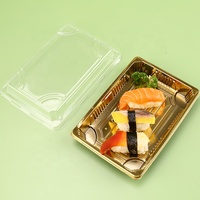 Boîte à sushi de luxe en plastique doré avec couvercle transparent, plateau rectangulaire jetable pour la restauration à emporter gastronomique