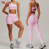 Ensemble de sport 3 pièces pour femmes respirant léger une épaule soutien-gorge taille haute Leggings Shorts avec poches Gym Fitness Apparel