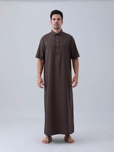 <b>Men's</b> Brown <b>Thobe</b> Short Sleeve Floor Length Cotton Robe Shirt Collar Modest Prayer Wear All Seasons Solid Color - Product Image 1