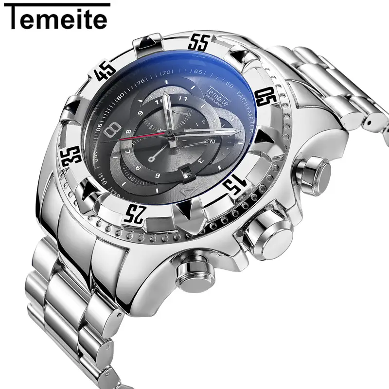 Temeite relógio quartzo masculino de prata 020g, conjunto de pulseira de aço com resposta à água, decoração casual
