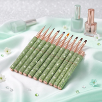 Prix d'usine – Ensemble de pinceaux à ongles durables avec manche en strass verts, pinceaux liner ovales de taille compacte pour professionnels