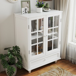 Minimalist White Buffet Cabinet with Double Glass Doors and Drawer Modern Wooden <b>Storage</b> Sideboard for Living Room - Product Image 5