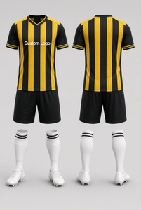 Custom Yellow Black Striped Soccer Kit Full Set Jersey Shorts <b>Socks</b> Football Uniform - Product Image 1