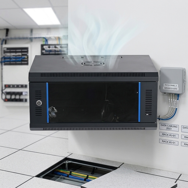 6U 19 Inch Wall Mount Network Cabinet Server Rack Lockable Glass Door with Top Cool Fan Cold Rolled Steel for Office Data Center