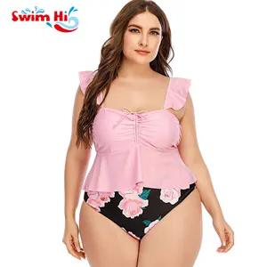 Estampado Bikini de cintura alta con cordones Vendaje Sexy Split Traje de baño de sublimación para mujer