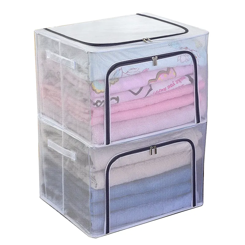 Top Quality 66L Foldable Clear PVC Collapsible Double Zipper Stackable Metal Frame Storage Box For Clothes