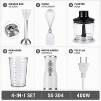 Mixeur Plongeant 4-en-1 avec Moteur en Cuivre Pur 400W, 2 Vitesses, Lame en Acier Inoxydable 304, Fouet, Hachoir, Bol, pour Aliments Bébé et Soupes