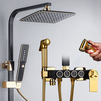 Système de douche de luxe moderne pour salle de bain, carré, hauteur 1,5 m, couleur or, robinet de baignoire thermostatique en laiton, jet pluie, massage, fonction pause, finition chrome