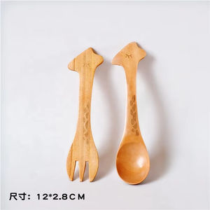 Cuillère à mesurer en bois pour enfants, motif animal mignon de dessin animé, fourchette et couteau durables et sains, petite taille - Product Image 2