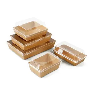 Wegwerp Gebak Dessert Tiramisu Cake Voedsel Container Verpakking Takeaway Sushi Catering Kraftpapier Doos Met Duidelijke Plastic