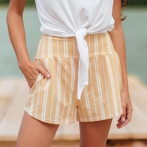 กางเกงขาสั้นผ้าลินิน 100% ลายทาง พิมพ์ลายคุณภาพสูง เอวสูง สำหรับผู้หญิง ใส่เที่ยวทะเล ขายดีช่วงซัมเมอร์ รับสั่งทำ - Product Image 1