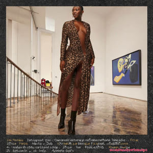 Vestido Midi con Estampado de Leopardo para Mujer, Transpirable, Sexy, con Escote Pronunciado, Manga Larga, Ajustado, para Salir de Noche o Ir al Club - Product Image 3