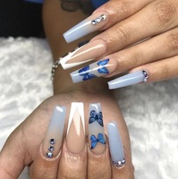 Faux ongles à presser en gros, couvrance totale, avec colle, motif papillon pré-dessiné, en acrylique, formes cercueil, amande, carré, longueur courte pour doigts