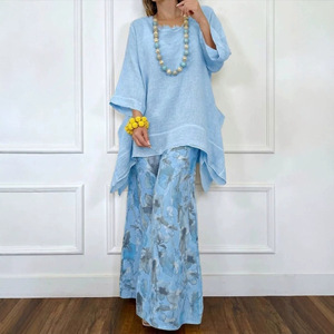 Women's Casual Cotton <b>Linen</b> Irregular Top And Wide Leg Pants <b>Set</b> Floral Print Smlxlxxlxxxl Europe America Style - Product Image 4