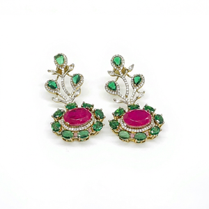 Pendientes colgantes de circonia cúbica con diseño floral romántico, con piedras dobles de rubí y esmeralda, latón chapado en Mehandi, joya de fiesta para mujer. - Product Image 1