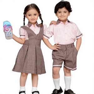 Cotton School Uniform Set for Kids Boys Girls Primary Checkered Dress Shorts Pink Shirt <b>White</b> Socks - Product Image 1