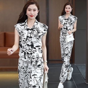 Women's Sleeveless Casual Set Ink Painting Print Chiffon Two Piece Harem Pants Set - Product Image 2