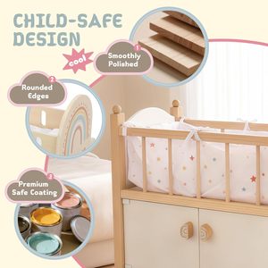 Culla per Bambole in Legno con Ruote e Contenitore Integrato per Giocattoli, Lettino per Bambole con Spazio di Archiviazione per Giochi di Ruolo - Product Image 4