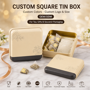 <span class=keywords><strong>Scatola</strong></span> di <span class=keywords><strong>Latta</strong></span> Quadrata Personalizzata per Tè, Souvenir, Regalo con Illustrazione di Gelsomino, Interno Crema Beige e Oro, Logo Personalizzato OEM ODM - Product Image 1