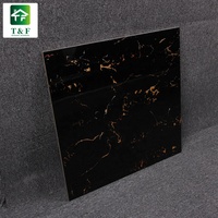 Carrelage de Sol en Porcelaine Poli Émaillé Noir et Or Effet Marbre Design Floral 600x600