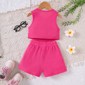 Export Girls Casual Vest Shorts Suit for Spring Summer New Waffle Design Small Medium-Sized Knitted Fabric Tz1333-D - Product Image 2