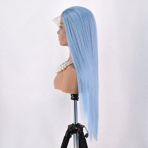 Perruque Lace Front Bleu Glacé <span class=keywords><strong>Cheveux</strong></span> Lisses Longs Raie Centrale Fibre Haute Température Soyeuse Mate Complète Pour Femmes Vente en Gros Usine - Product Image 4