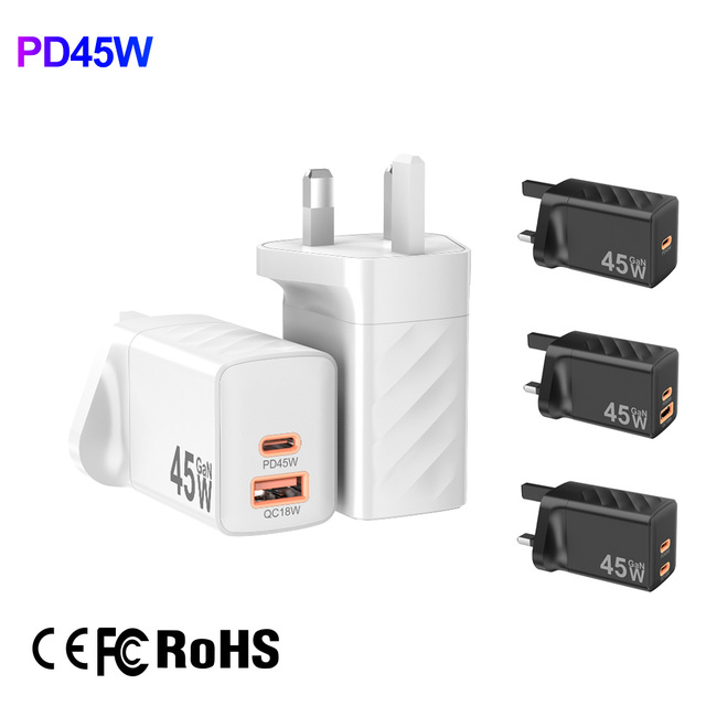 For 45W GaN UK Plug QC3.0 QC4.0+ PD 3.0 1USB Dual Type-C Fast Wall Charger for Laptop Mobile Phone & Earphone