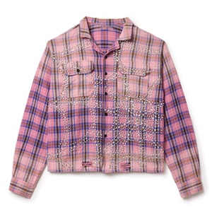 Chemises en flanelle à carreaux délavées à l'acide, effet vieilli, surdimensionnées, décontractées, à manches longues, boutonnées, avec broderie de logo personnalisé et strass - Product Image 1