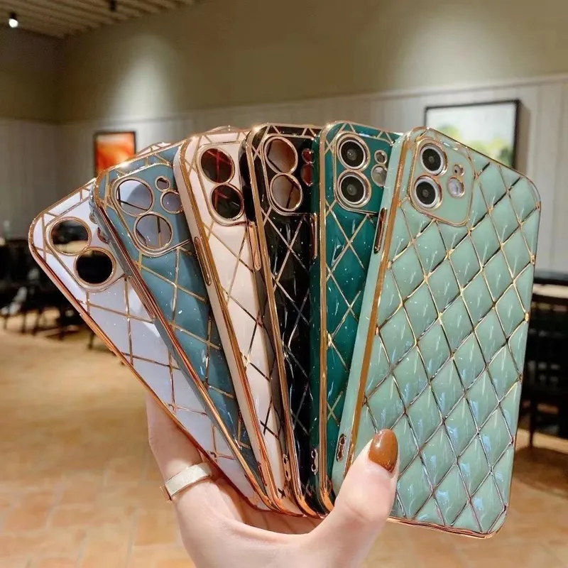 For iPhone 14 13 12 Pro Max Luxury Full Cover Soft 6D Electroplated TPU Rhombus Designer Lens Protection Phone Case