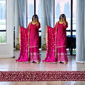 Conjunto de Lujo al por Mayor: Top de Seda Chiffon, Sharara, Palazzo y Dupatta con Bordado Pesado de Lentejuelas, Estilo Pakistaní, Ropa Festiva para Mujer - Product Image 1