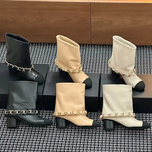 Botines de Tacón Alto a Media Pantorrilla para Mujer, de Cuero Clásico, con Cadena en el Tobillo, Color Dorado, para Verano y Otoño, Transpirables y Térmicos - Product Image 1