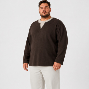 男式纹理棉质长袖 T 恤，圆领，撞色领子，休闲大码，宽松版型，6XL 7XL - Product Image 2