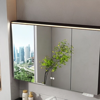 Ensemble de meubles de salle de bain mural de luxe moderne, comptoir en ardoise noire, armoire avec miroir, éclairage LED, grain de bois foncé