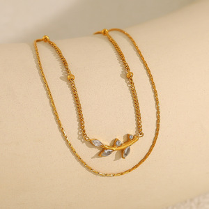 Minimalist 18K Gold Plated Stainless Steel Double Chain <strong>Necklace</strong> Trendy <strong>Olive</strong> <strong>Leaf</strong> Zircon Pendant Anti-Allergy Beaded Parties - Product Image 1