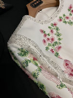 Gaun pesta wanita model slim fit, kerah O-neck, lengan panjang, bordir manik-manik rhinestones, bunga, maxi, putih polos, formal