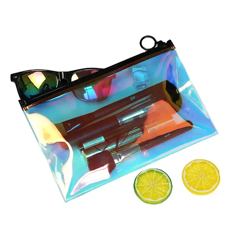 Bolsa holográfica de plástico y pvc para cosméticos, bolsa holográfica con cremallera