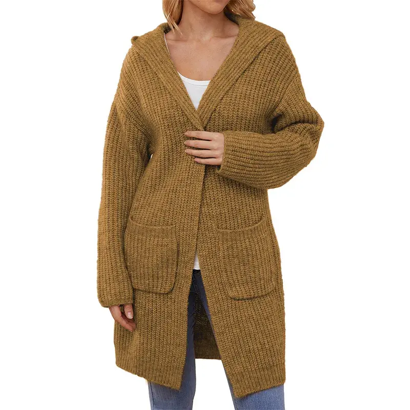 Elegant Autumn Oversize Fit Hooded V Neck Women Knitted Sweater Jacket With Hat