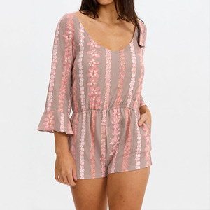 High-quality custom V-neck backless elastic short jumpsuit luxurious linen cotton Hawaiian print <b>ROMPER</b> - Product Image 3