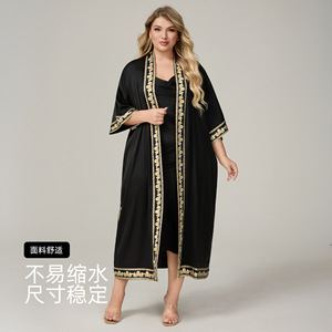 Ensemble de Robe de Nuit Luxe en Satin Uni Doux et Respirant pour Femme Grande Taille, Robe Thermique à Col en V et Taille Élastique, Longueur Complète, Tenue d'Intérieur Élégante - Product Image 5