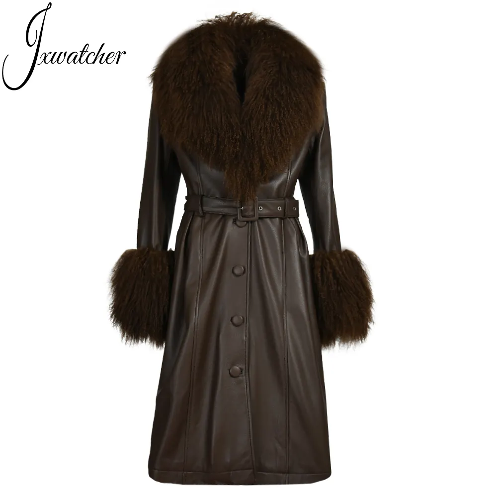 Ladies Custom Genuine Long Leather Coat With Real Mongolian Fur Collar Wholesale Fashion Women Mongolian Fur Leather Jacket