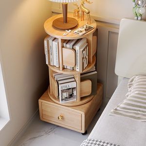 Rotating Bookshelf Solid Wood Round Multi Functional Bedroom Bedside <b>Table</b> Storage Cabinet For Children Adults Elderly - Product Image 4