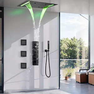 Bathroom LED Rainfall Shower Set 500*360mm Embed Ceiling Rain Showerhead Set Thermostatic Diverter Valve With Massage Body Jets